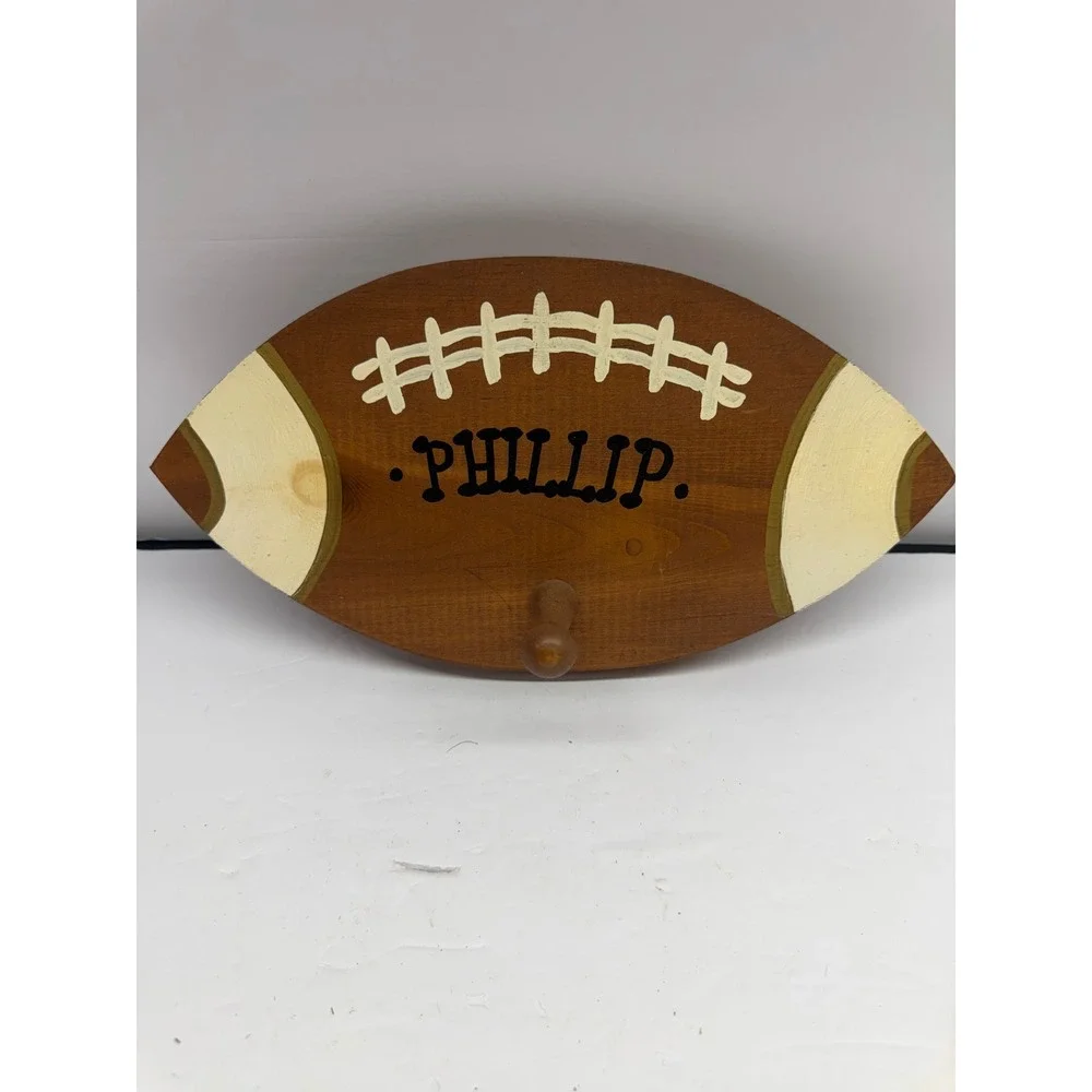 Handmade Wooden Football Wall Hook Personalized Phillip Sports Decor Brown Cream